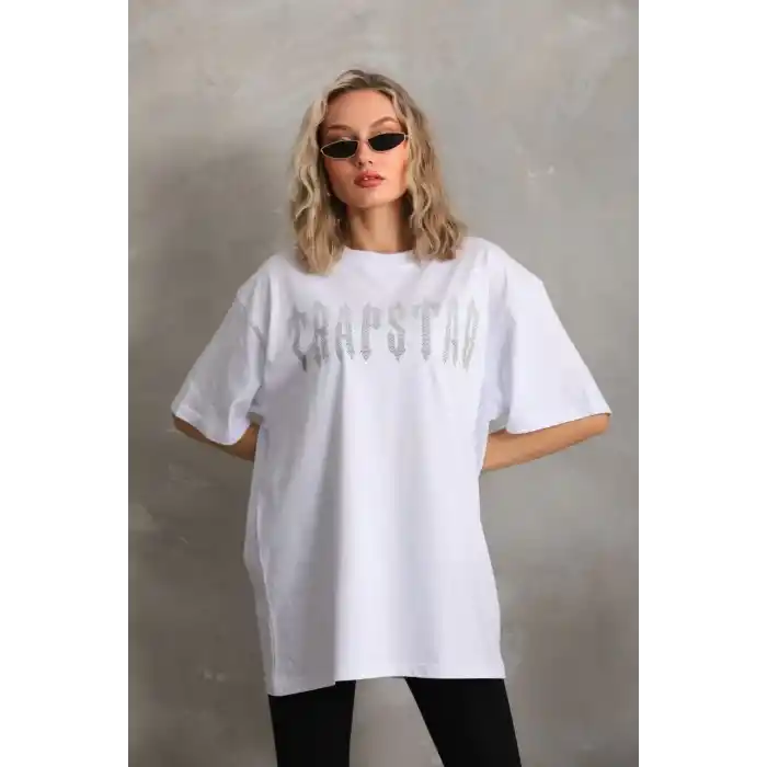 Unisex Taş Desenli Oversize T-Shirt - Beyaz