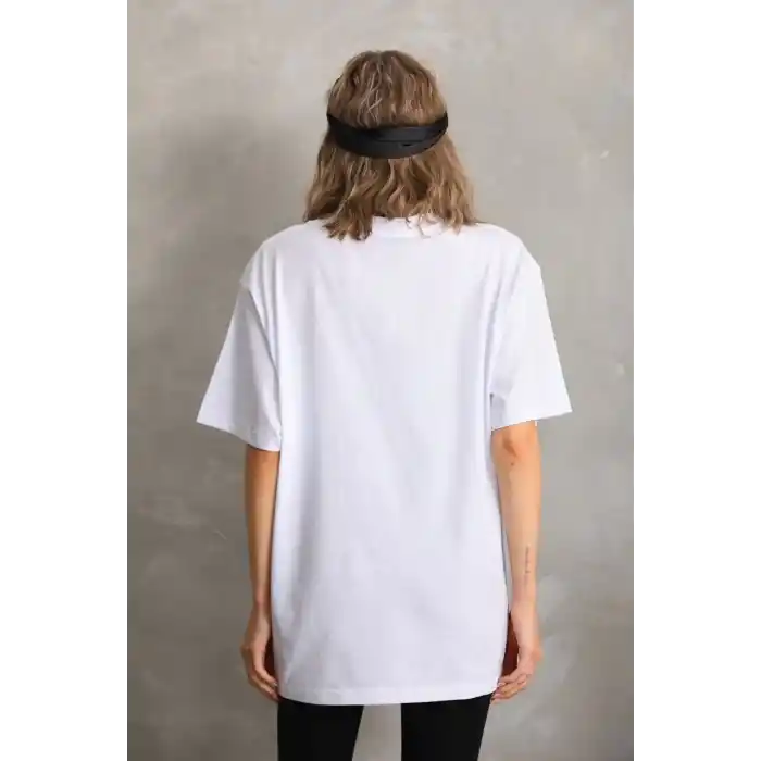 Unisex Taş Desenli Oversize T-Shirt - Beyaz