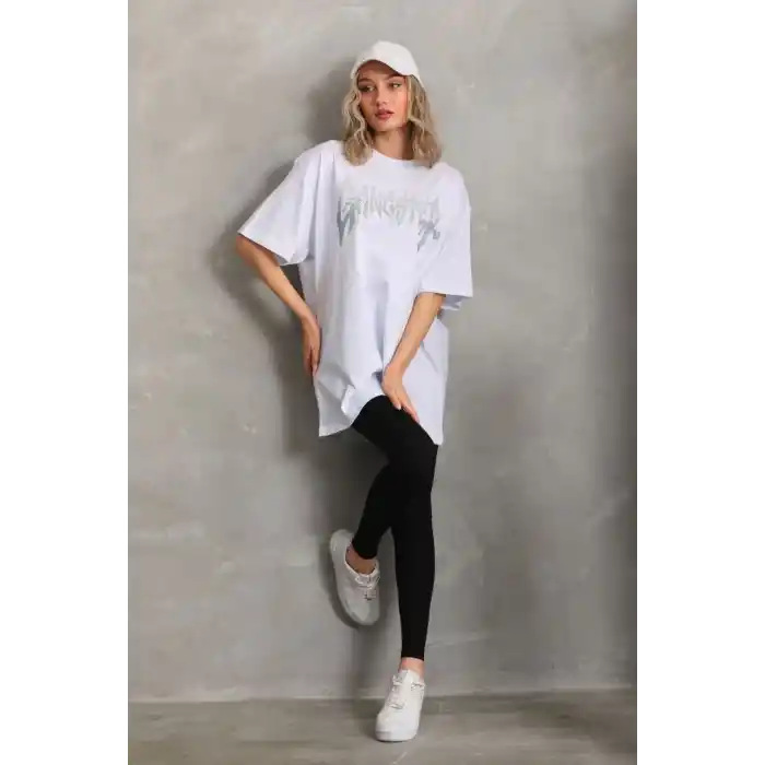 Unisex Taş Desenli Oversize T-Shirt - Beyaz