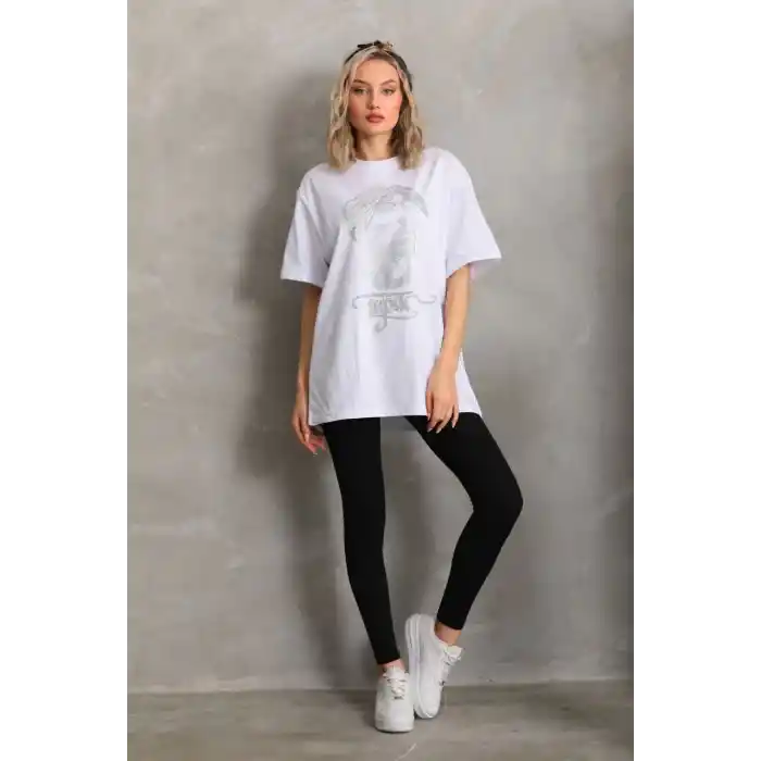 Unisex Taş Desenli Oversize T-Shirt - Beyaz