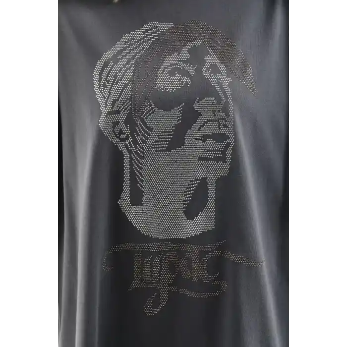 Unisex Taş Desenli Oversize T-Shirt - Füme