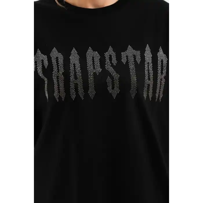 Unisex Taş Desenli Oversize T-Shirt - Siyah