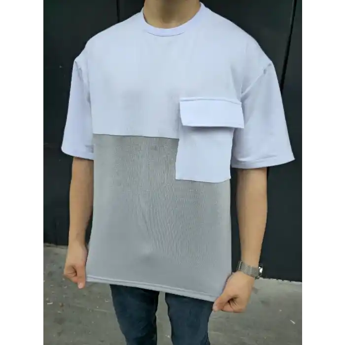 Unisex Torba Cep Detaylı Parçalı T-Shirt - Gri