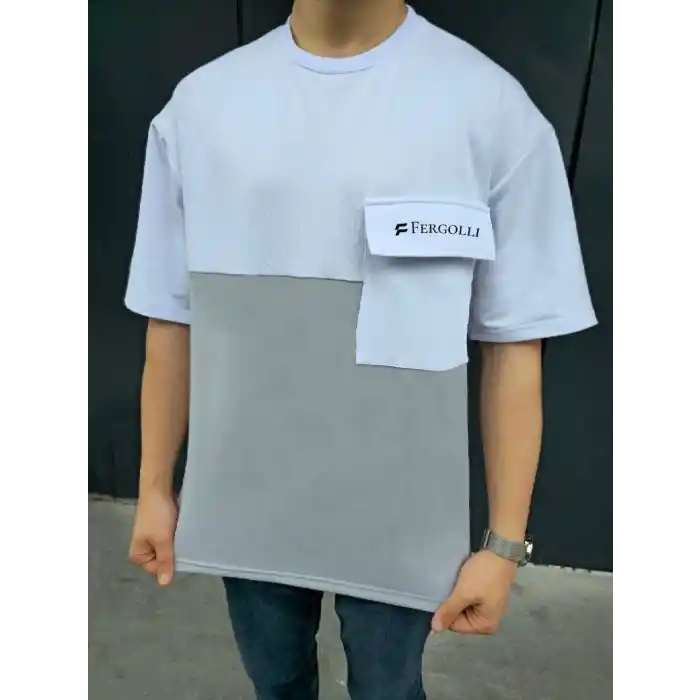 Unisex Torba Cep Detaylı  Parçalı T-Shirt - Gri