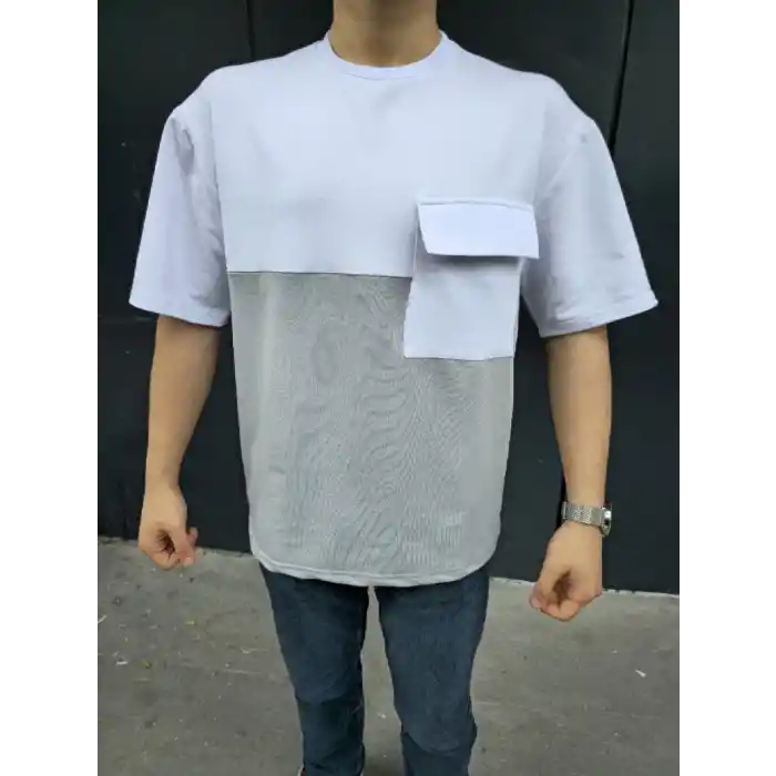 Unisex Torba Cep Detaylı Parçalı T-Shirt - Gri