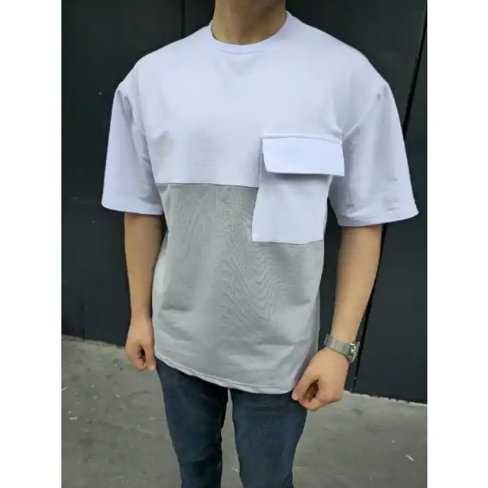 Unisex Torba Cep Detaylı Parçalı T-Shirt - Gri