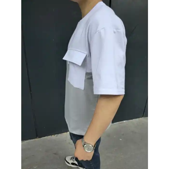 Unisex Torba Cep Detaylı Parçalı T-Shirt - Gri