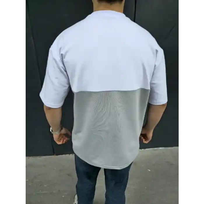 Unisex Torba Cep Detaylı Parçalı T-Shirt - Gri