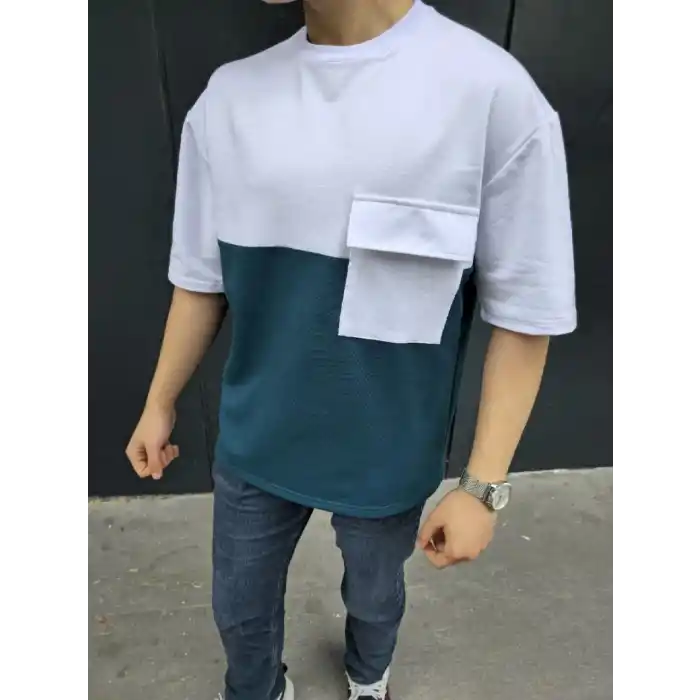 Unisex Torba Cep Detaylı Parçalı T-Shirt - Lacivert