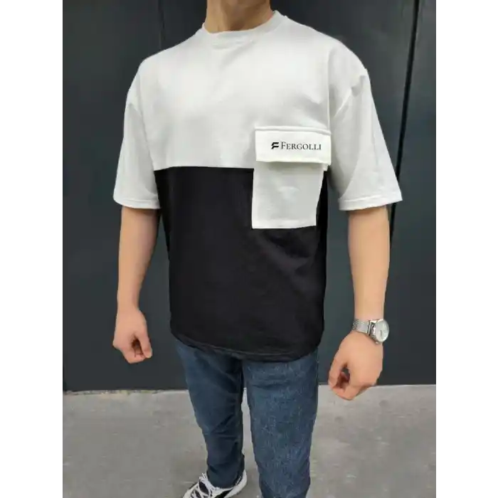 Unisex Torba Cep Detaylı  Parçalı T-Shirt - Siyah