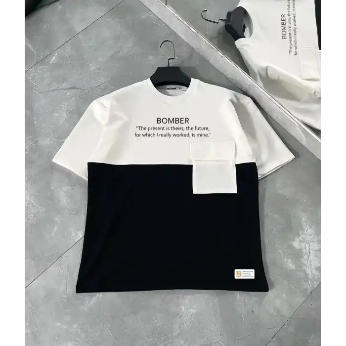 Unisex Torba Cep Detaylı  Parçalı T-Shirt - Siyah