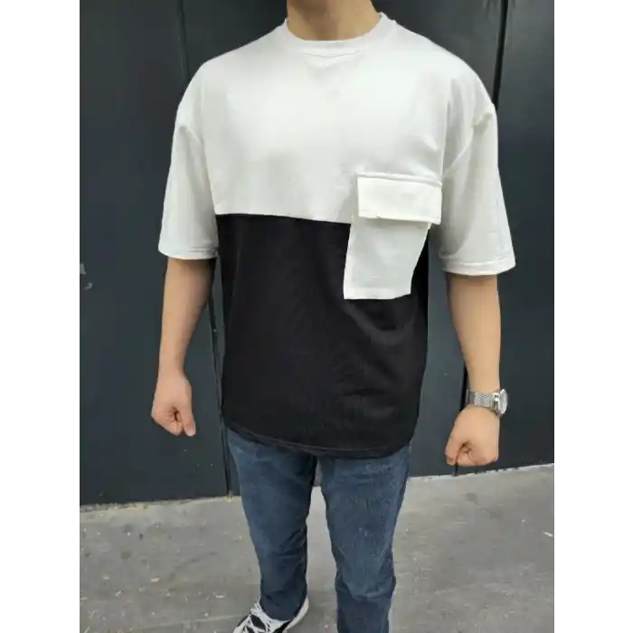 Unisex Torba Cep Detaylı Parçalı T-Shirt - Siyah