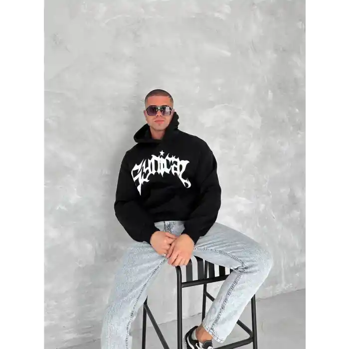 Unisex Üç İplik Kapüşonlu Baskılı SweatShirt - Siyah