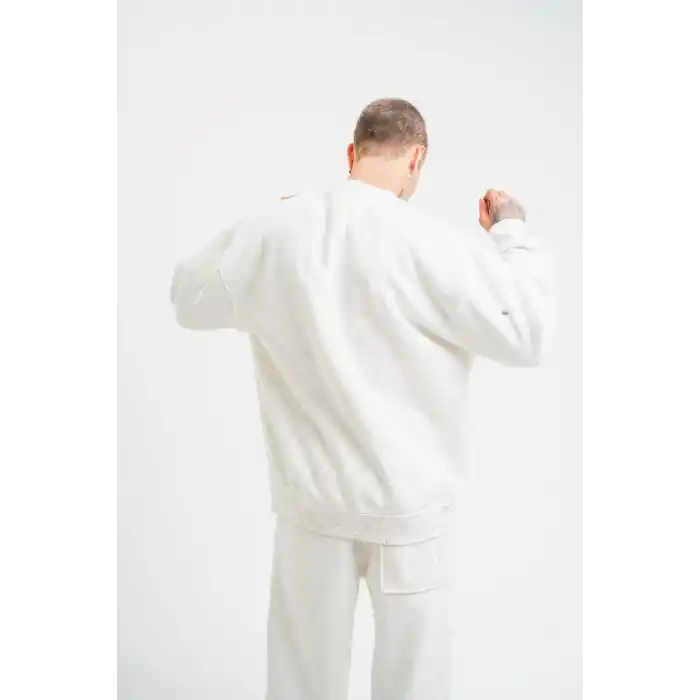 Unisex Uzun Kol Bisiklet Yaka Yıkamalı SweatShirt - Beyaz