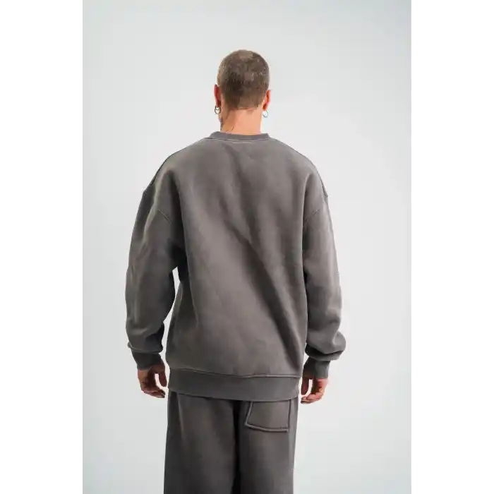 Unisex Uzun Kol Bisiklet Yaka Yıkamalı SweatShirt - Füme