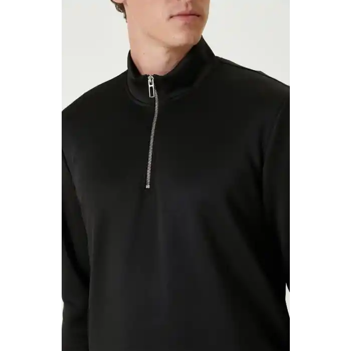 Unisex Uzun Kol Yarım Farmuarlı Yakalı Basic SweatShirt - Siyah