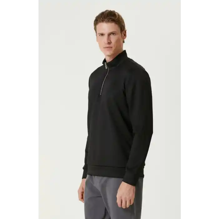 Unisex Uzun Kol Yarım Farmuarlı Yakalı Basic SweatShirt - Siyah