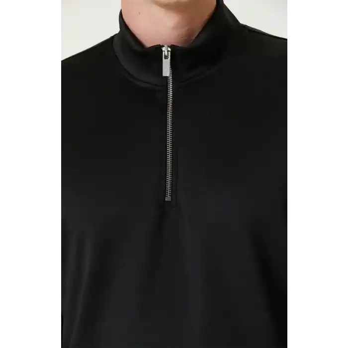 Unisex Uzun Kol Yarım Farmuarlı Yakalı Basic SweatShirt - Siyah