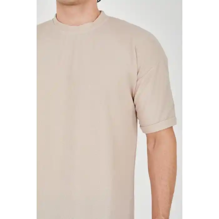 Unisex Waffle Kumaş Rahat Kol T-Shirt - Bej