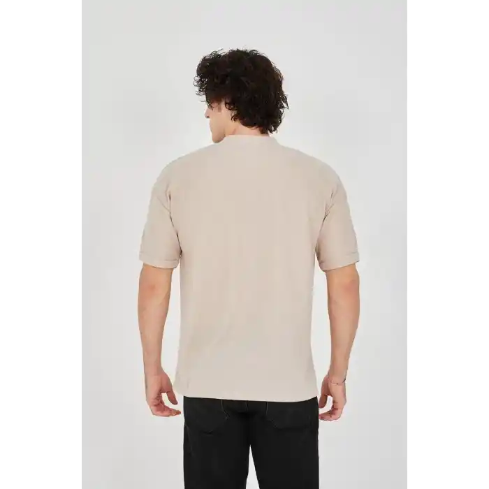 Unisex Waffle Kumaş Rahat Kol T-Shirt - Bej