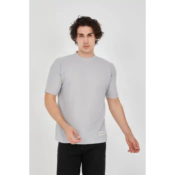 Unisex Waffle Kumaş Rahat Kol T-Shirt - Boyalı Gri