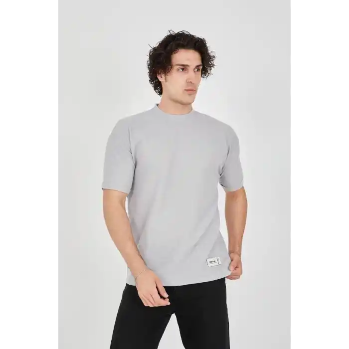 Unisex Waffle Kumaş Rahat Kol T-Shirt - Boyalı Gri