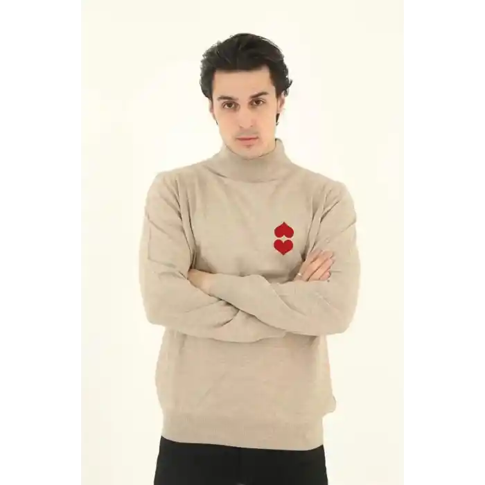 Unisex Yarım Boğazlı Baskılı Dokuma Triko - Bej