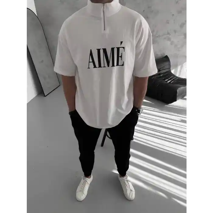 Unisex Yarım Fermuarlı Baskılı T-Shirt - Beyaz