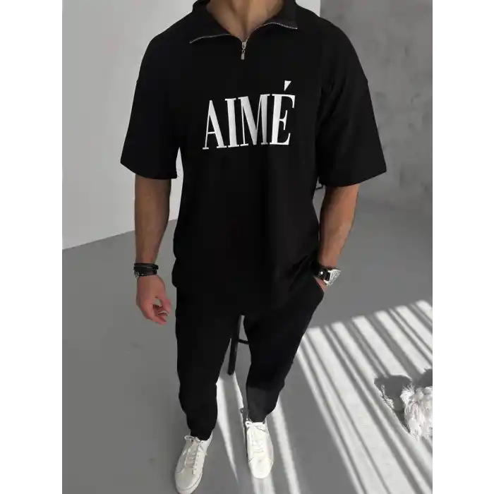 Unisex Yarım Fermuarlı Baskılı T-Shirt - Siyah