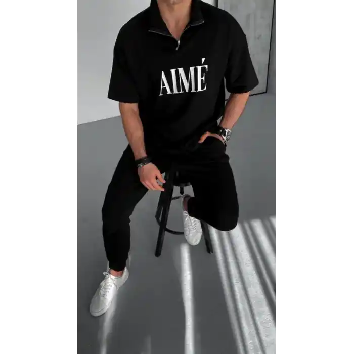 Unisex Yarım Fermuarlı Baskılı T-Shirt - Siyah