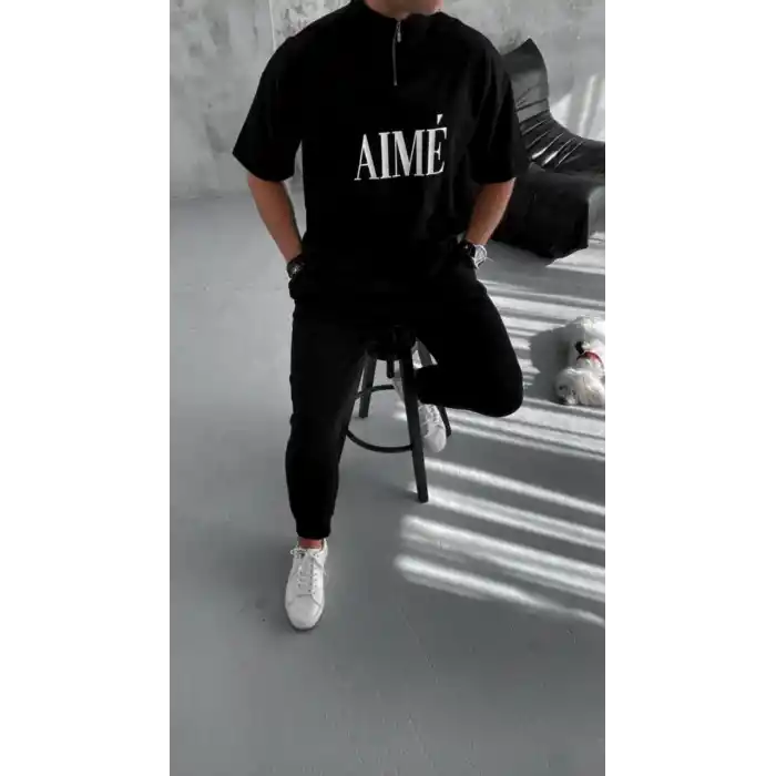 Unisex Yarım Fermuarlı Baskılı T-Shirt - Siyah
