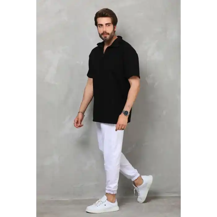 Unisex Yarım Fermuarlı Düz Oversize T-shirt - Siyah