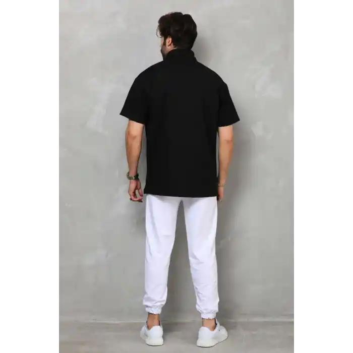 Unisex Yarım Fermuarlı Düz Oversize T-shirt - Siyah