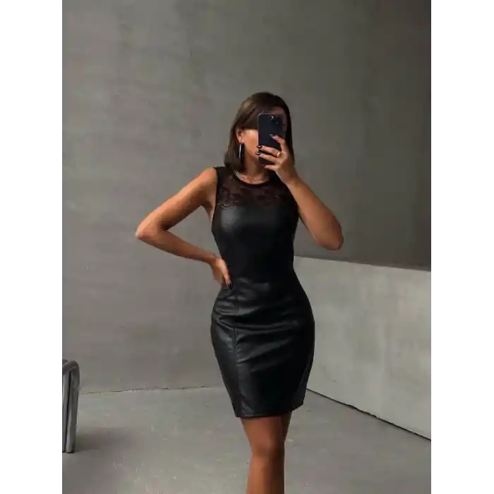 Üstü dantelli straplez deri elbise siyah w24421