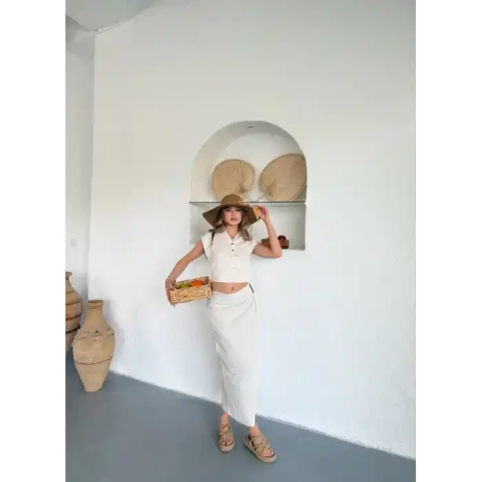 Uzun etekli bluz takım keten krem s255852