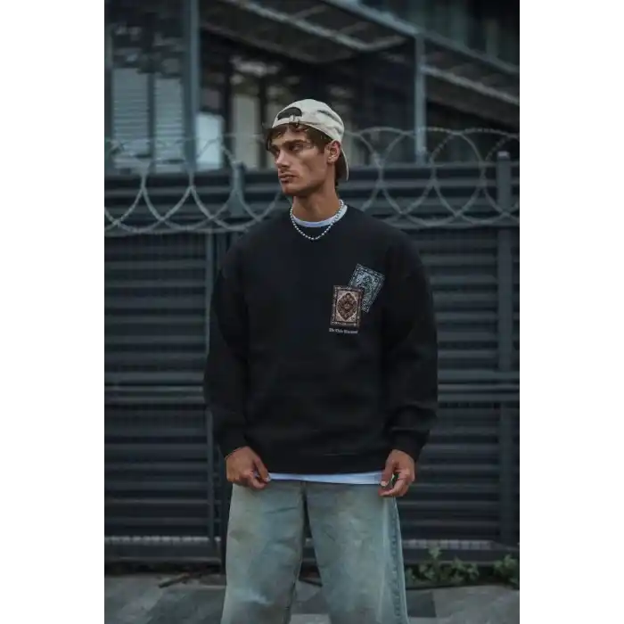 Uzun Kol Bisiklet Yaka Baskılı SweatShirt - Siyah