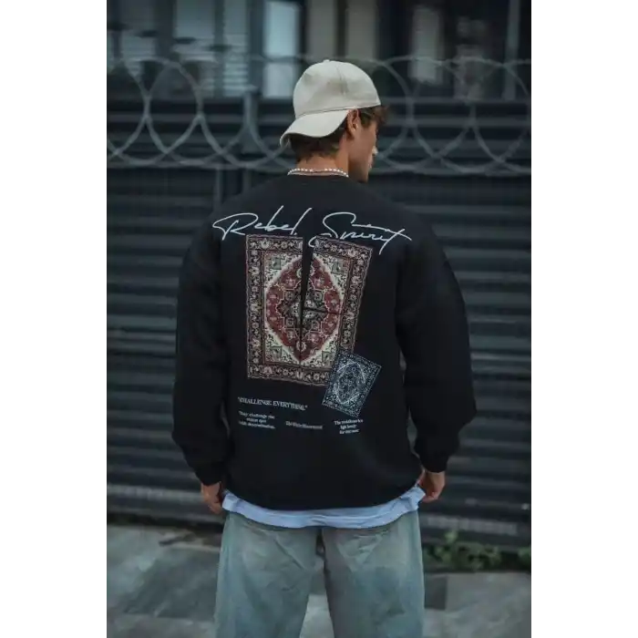 Uzun Kol Bisiklet Yaka Baskılı SweatShirt - Siyah