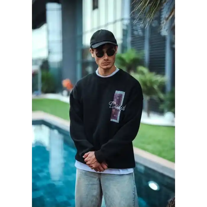 Uzun Kol Bisiklet Yaka Ön ve Arka Baskılı SweatShirt - Siyah