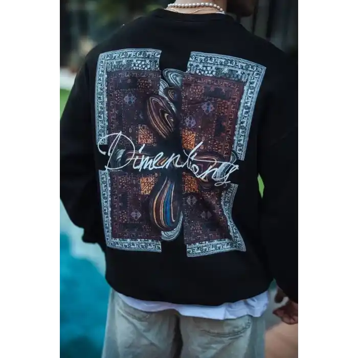 Uzun Kol Bisiklet Yaka Ön ve Arka Baskılı SweatShirt - Siyah