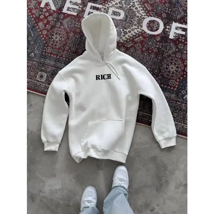 Uzun Kol Kapüşonlu Göğüs Baskılı SweatShirt - Beyaz