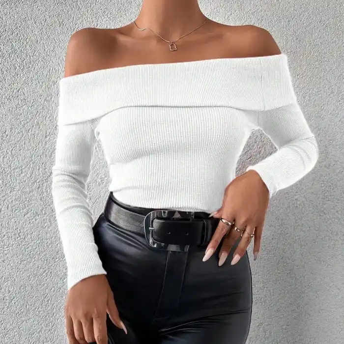 Uzun kol madonna yaka bluz beyaz