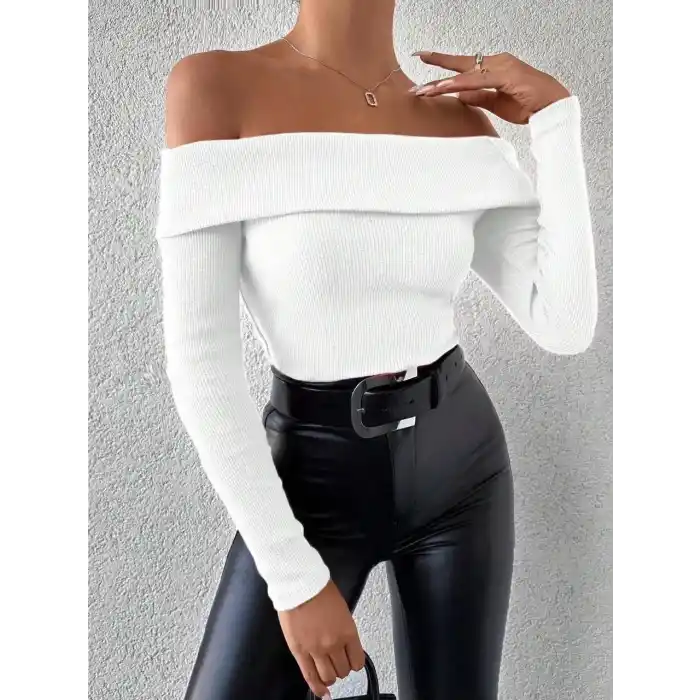 Uzun kol madonna yaka bluz beyaz