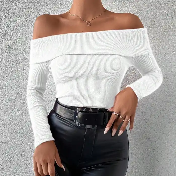 Uzun kol madonna yaka bluz beyaz