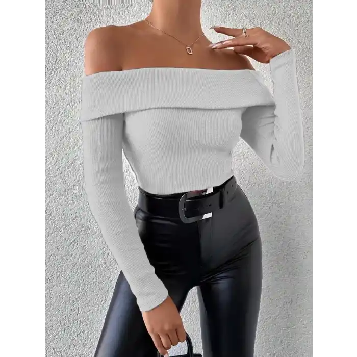 Uzun kol madonna yaka bluz gri