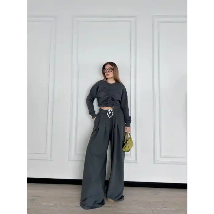 Uzun Kollu Önü İp Büzgülü Crop ve Pantolon İkili Takım - Antrasit