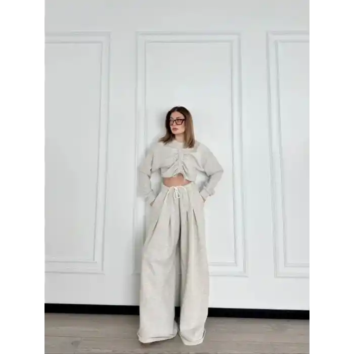 Uzun Kollu Önü İp Büzgülü Crop ve Pantolon İkili Takım - Gri