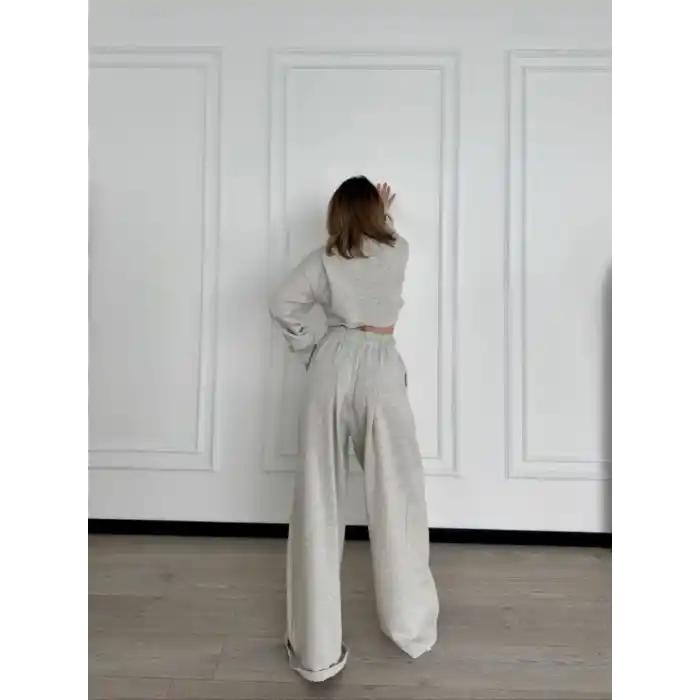 Uzun Kollu Önü İp Büzgülü Crop ve Pantolon İkili Takım - Gri