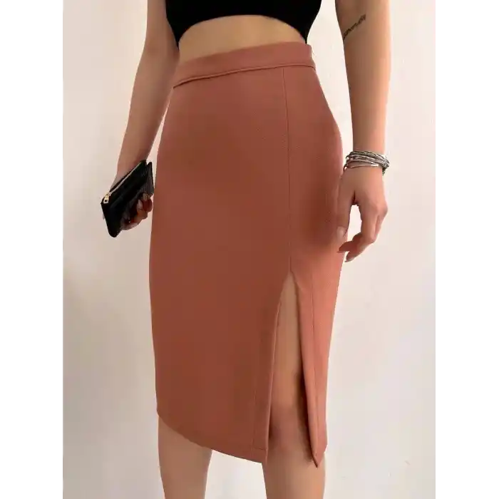 Uzun midi boy yırtmaçlı etek somon s24907