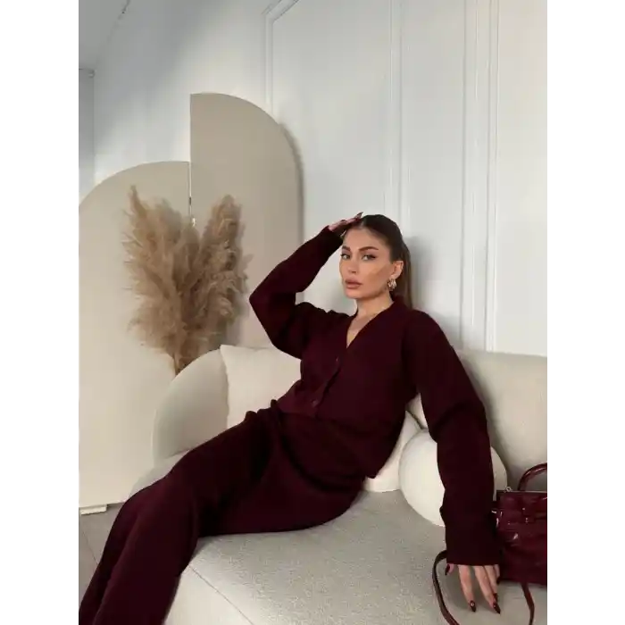 V Yaka 3 Düğmeli Hırka Takım Triko İkili Etekli - Bordo