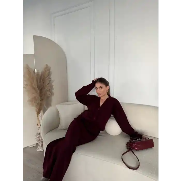 V Yaka 3 Düğmeli Hırka Takım Triko İkili Etekli - Bordo